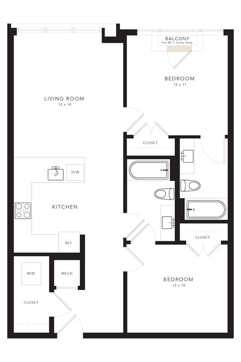 Floor plan for 2 beds, 2 baths, 799 sqft